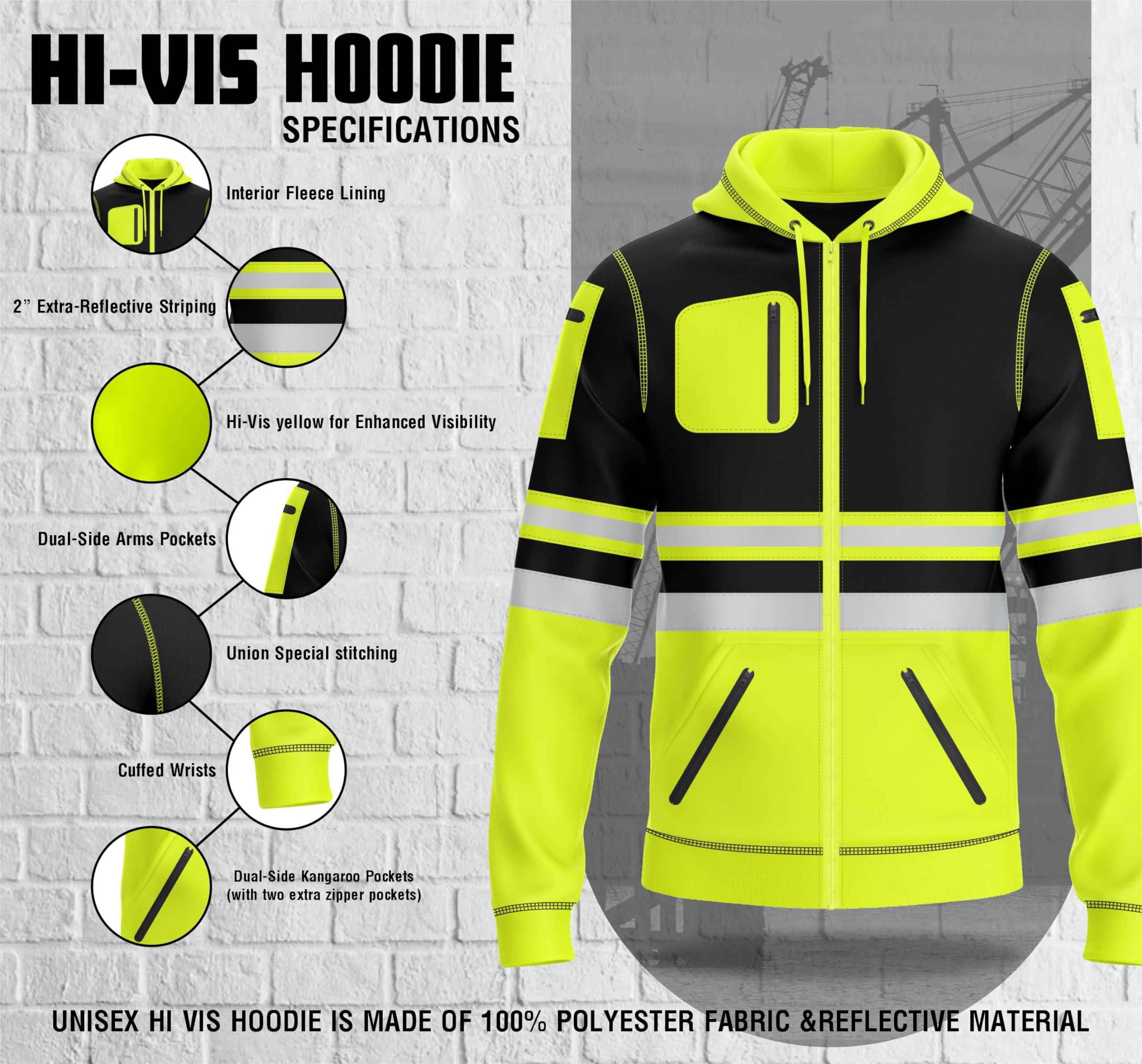 trending babz Mens Hi Vis Pullover Hoodie Reflective Tape Safety Work Drawstring Multi Zipped Pockets High Viz High Visibility Hoodie Sweatshirt